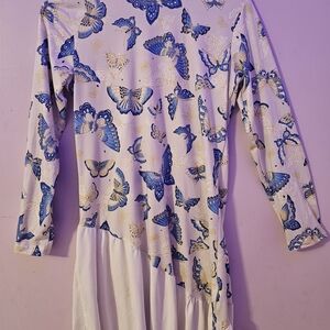 Girls Butterfly Print Long Bell Sleeves Dress in Lavender, Gold and Blue